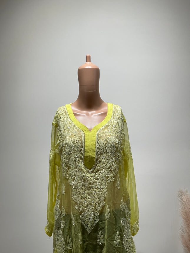 (Original Chikankari) Women Embroidery Georgette Straight Kurta Yellow - L Size