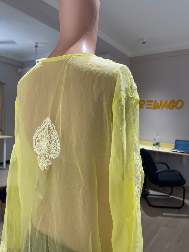 (Original Chikankari) Women Embroidery Georgette Straight Kurta Yellow - L Size