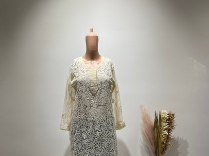 (Original Chikankari) Women Chikan Embroidery Georgette Straight Kurta Colou Beige 40 Size