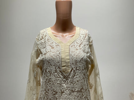 (Original Chikankari) Women Chikan Embroidery Georgette Straight Kurta Colou Beige 40 Size