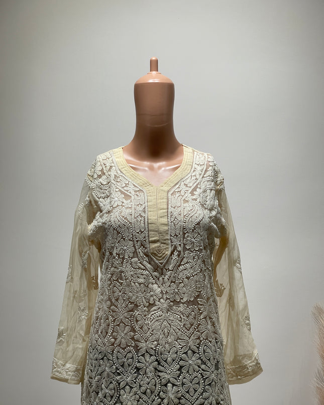 (Original Chikankari) Women Chikan Embroidery Georgette Straight Kurta Colou Beige 40 Size