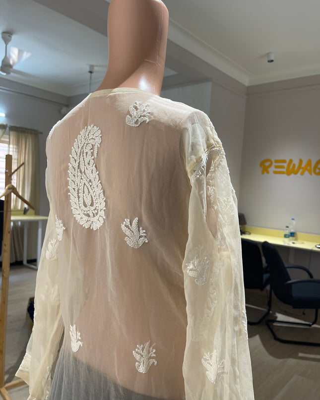 (Original Chikankari) Women Chikan Embroidery Georgette Straight Kurta Colou Beige 40 Size
