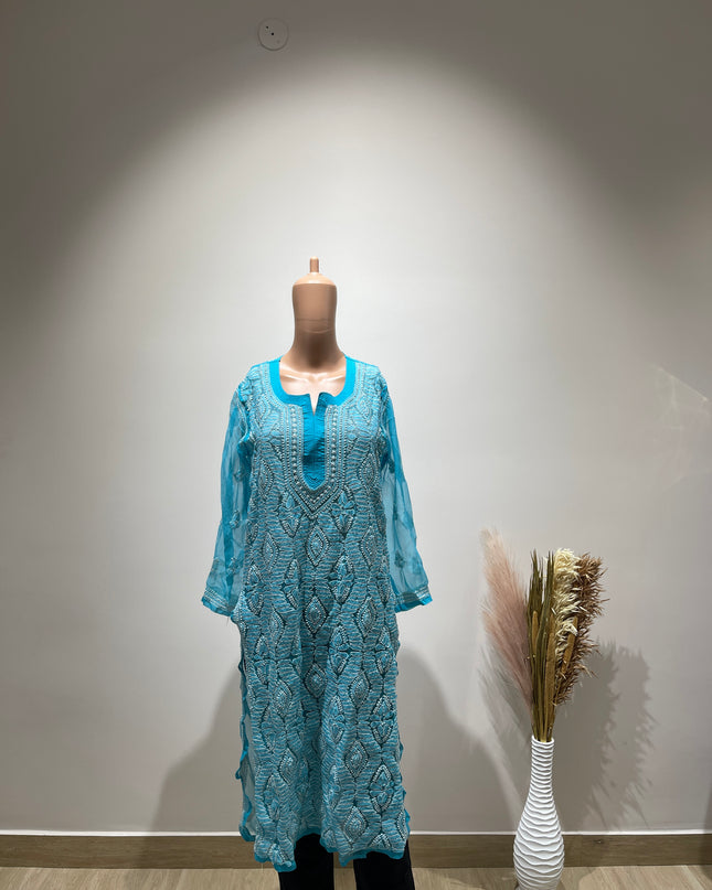 Original Chikankari Women Chikan Embroider Straight Kurta Blue - L Size