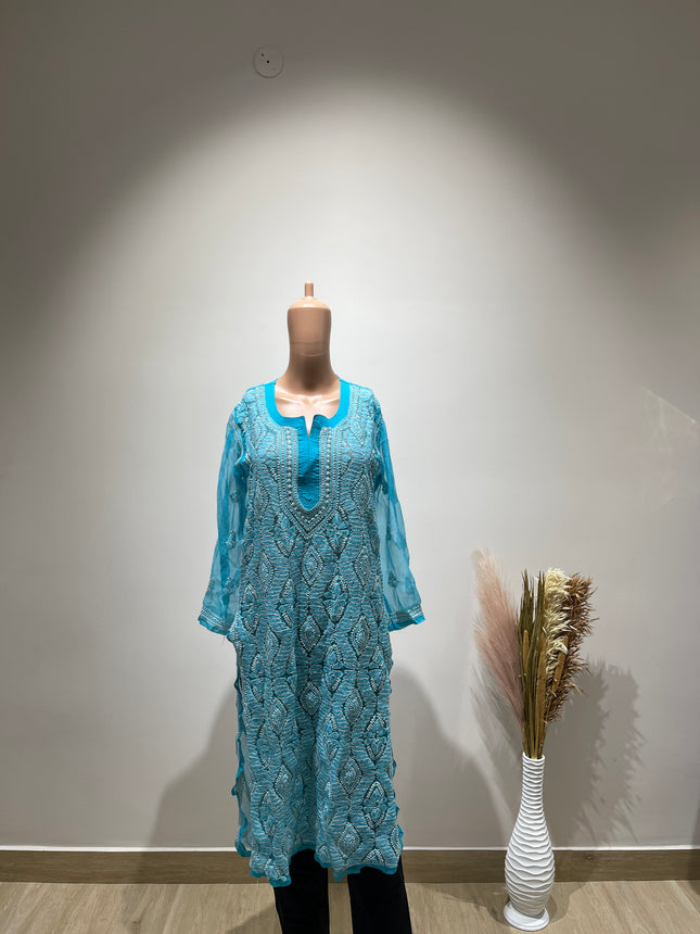Original Chikankari Women Chikan Embroider Straight Kurta Blue - L Size