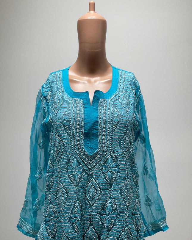 Original Chikankari Women Chikan Embroider Straight Kurta Blue - L Size