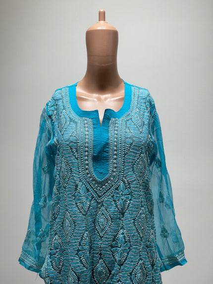 Original Chikankari Women Chikan Embroider Straight Kurta Blue - L Size