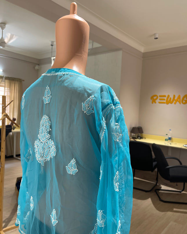 Original Chikankari Women Chikan Embroider Straight Kurta Blue - L Size