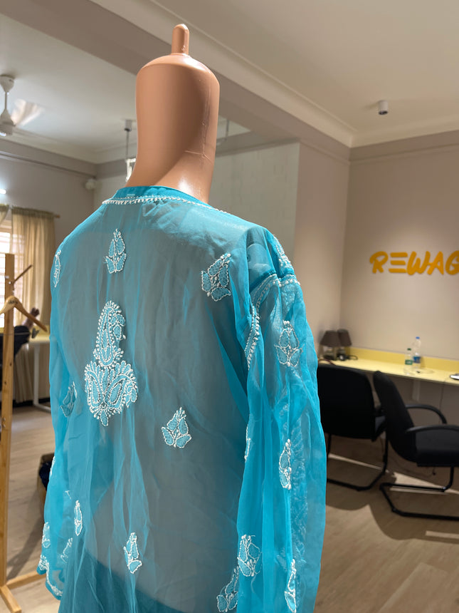 Original Chikankari Women Chikan Embroider Straight Kurta Blue - L Size