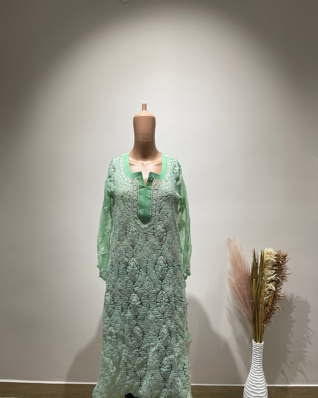 Original Chikankari Premium Pista Green Colour Kurta with Unique Combination - M Size
