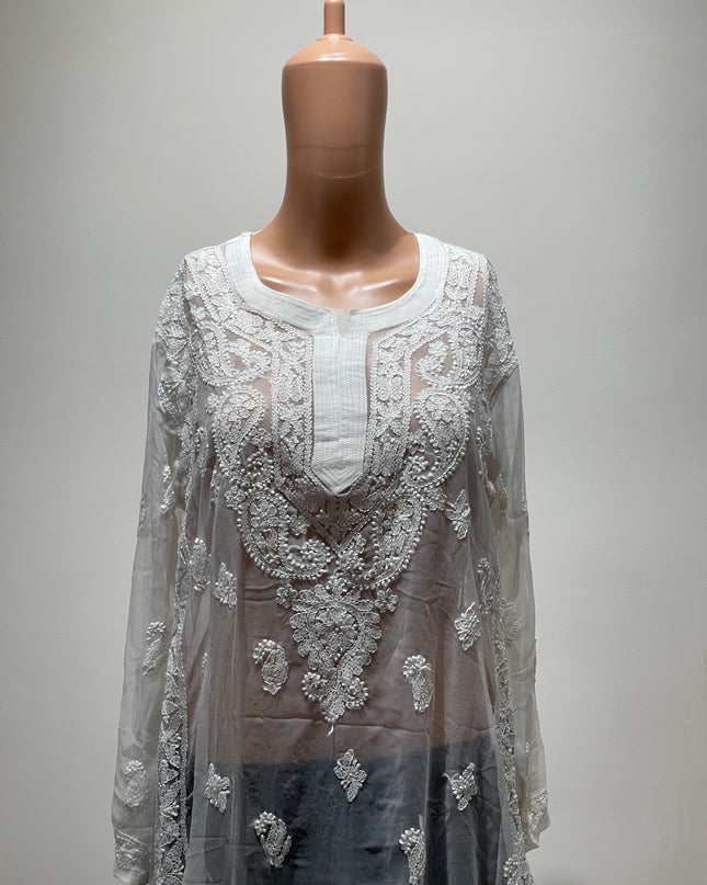 (Original Chikankari) Women Embroidered Georgette Straight Kurta (White) - L Size