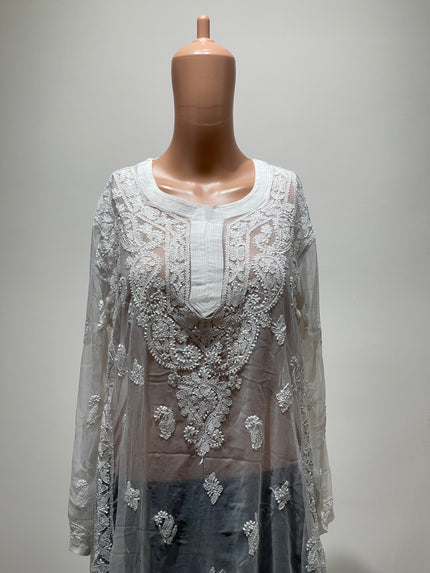 (Original Chikankari) Women Embroidered Georgette Straight Kurta (White) - L Size