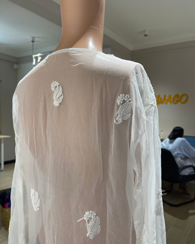 (Original Chikankari) Women Embroidered Georgette Straight Kurta (White) - L Size