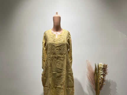(Original Chikankari) Women Embroidered Cotton Linen Straight Kurta (Beige) 40 Size