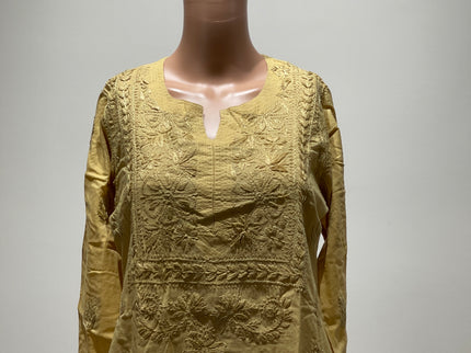 (Original Chikankari) Women Embroidered Cotton Linen Straight Kurta (Beige) 40 Size