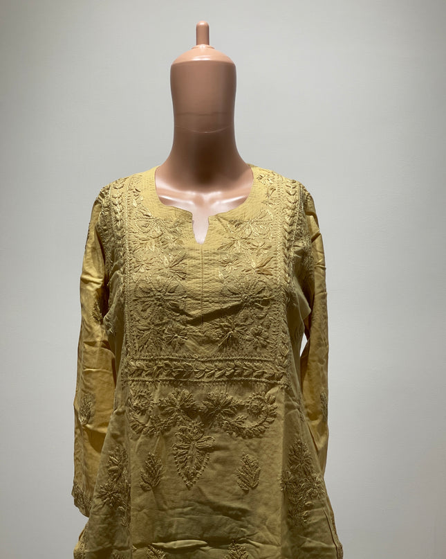 (Original Chikankari) Women Embroidered Cotton Linen Straight Kurta (Beige) 40 Size