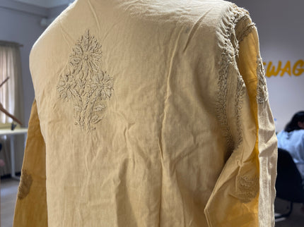 (Original Chikankari) Women Embroidered Cotton Linen Straight Kurta (Beige) 40 Size