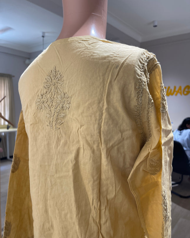 (Original Chikankari) Women Embroidered Cotton Linen Straight Kurta (Beige) 40 Size