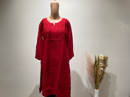 (Original Chikankari) Women Embroidered Cotton Anarkali Kurta Red 36  Size