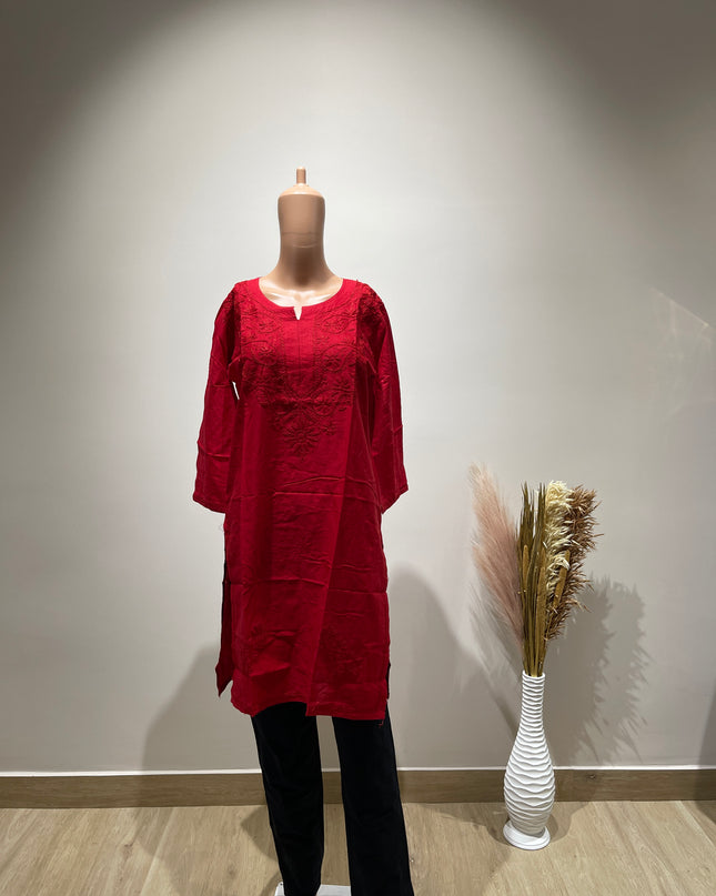 (Original Chikankari) Women Embroidered Cotton Anarkali Kurta Red 36  Size