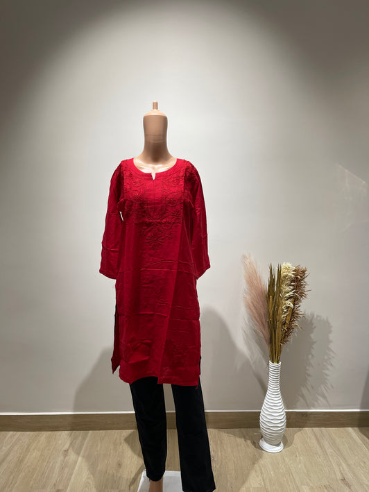 (Original Chikankari) Women Embroidered Cotton Anarkali Kurta Red 36  Size