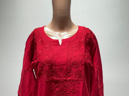 (Original Chikankari) Women Embroidered Cotton Anarkali Kurta Red 36  Size