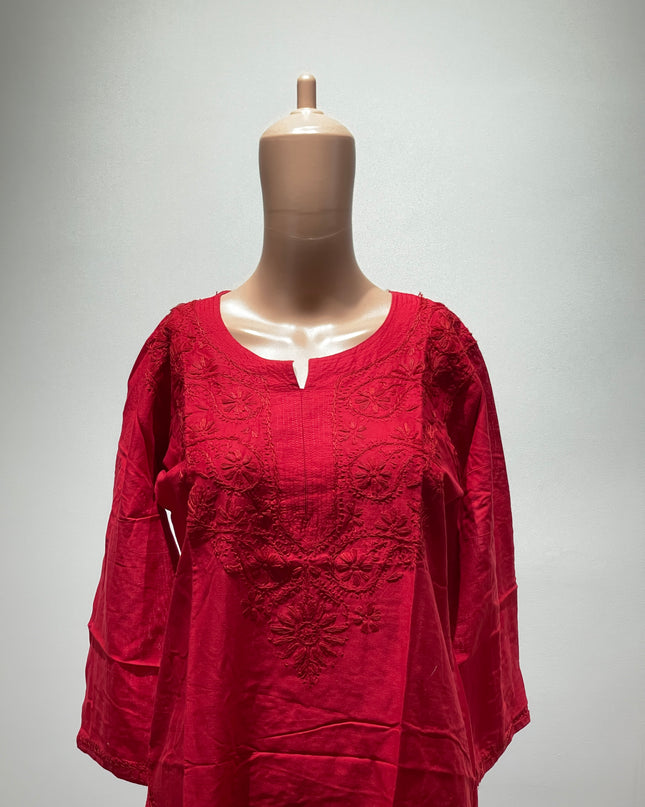 (Original Chikankari) Women Embroidered Cotton Anarkali Kurta Red 36  Size