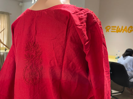 (Original Chikankari) Women Embroidered Cotton Anarkali Kurta Red 36  Size