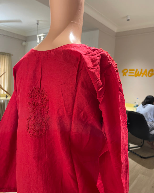 (Original Chikankari) Women Embroidered Cotton Anarkali Kurta Red 36  Size