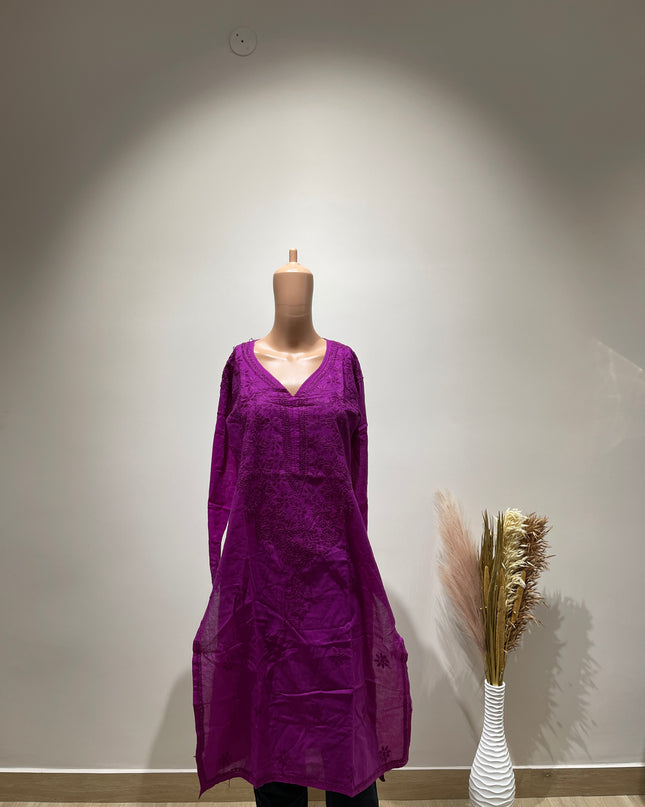 (Original Chikankari) Women Cotton Embroidered Round-Neck Straight Kurta (Purple) 36 Size