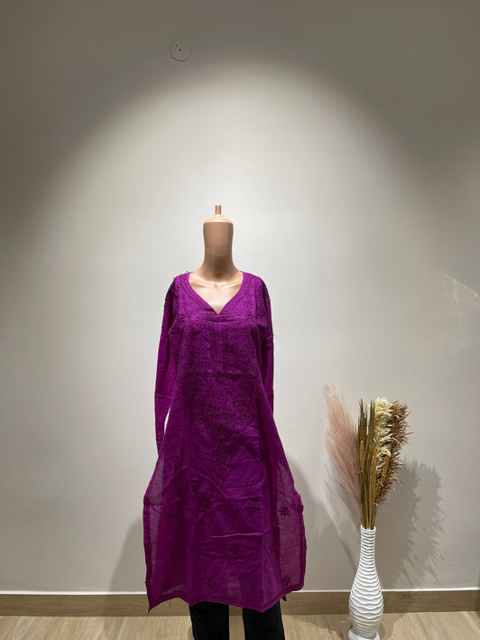 (Original Chikankari) Women Cotton Embroidered Round-Neck Straight Kurta (Purple) 36 Size