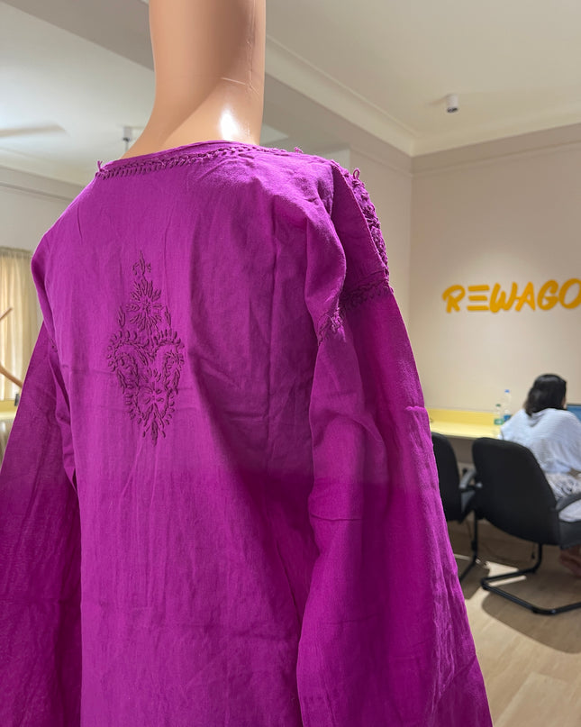 (Original Chikankari) Women Cotton Embroidered Round-Neck Straight Kurta (Purple) 36 Size