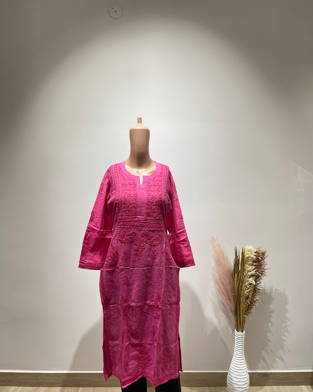 (Original Chikankari) Women Embroidered Cotton Linen Straight Kurta (pink)36 Size