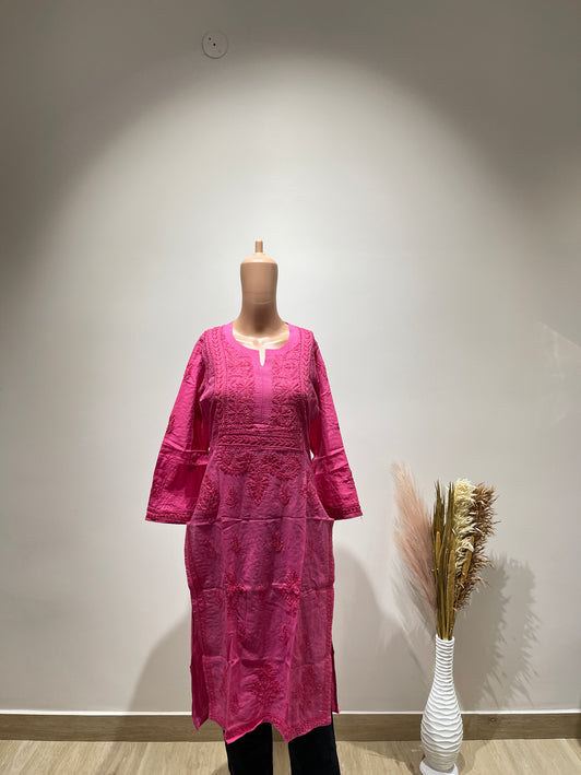 (Original Chikankari) Women Embroidered Cotton Linen Straight Kurta (pink)36 Size