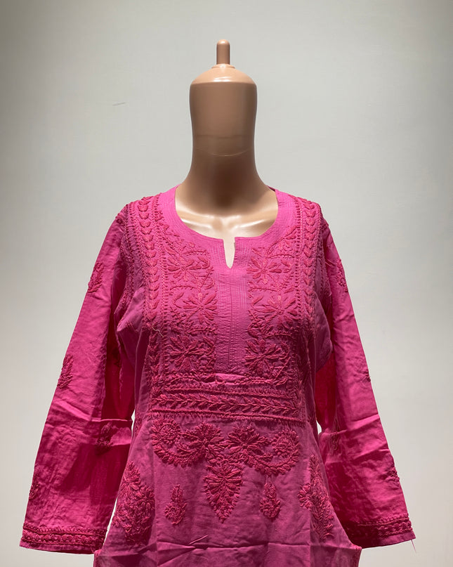 (Original Chikankari) Women Embroidered Cotton Linen Straight Kurta (pink)36 Size
