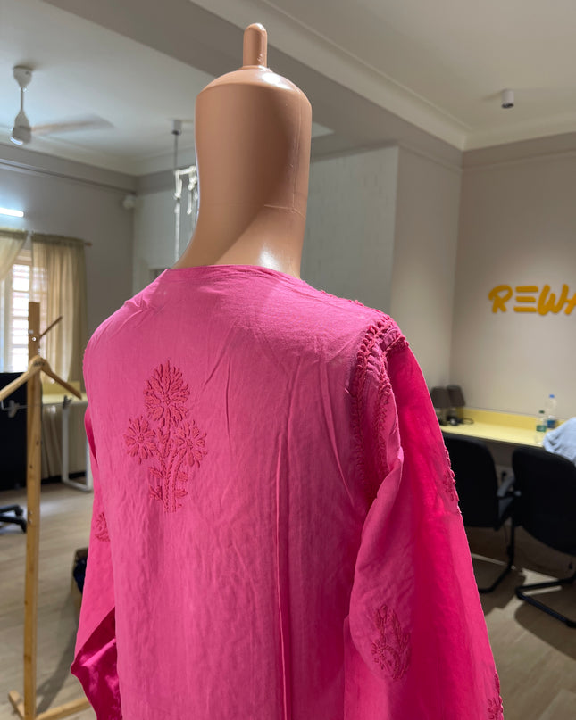 (Original Chikankari) Women Embroidered Cotton Linen Straight Kurta (pink)36 Size