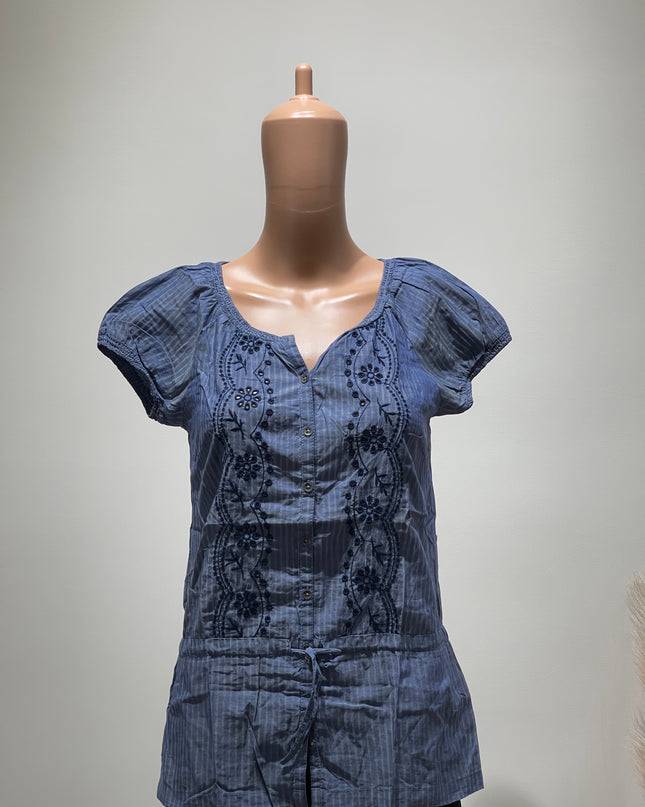 ALLEN SOLLY Women's Puff Sleeve Navy Top - M Size