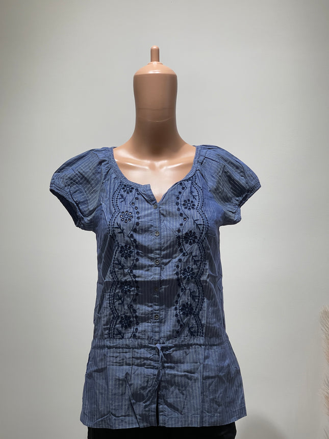 ALLEN SOLLY Women's Puff Sleeve Navy Top - M Size
