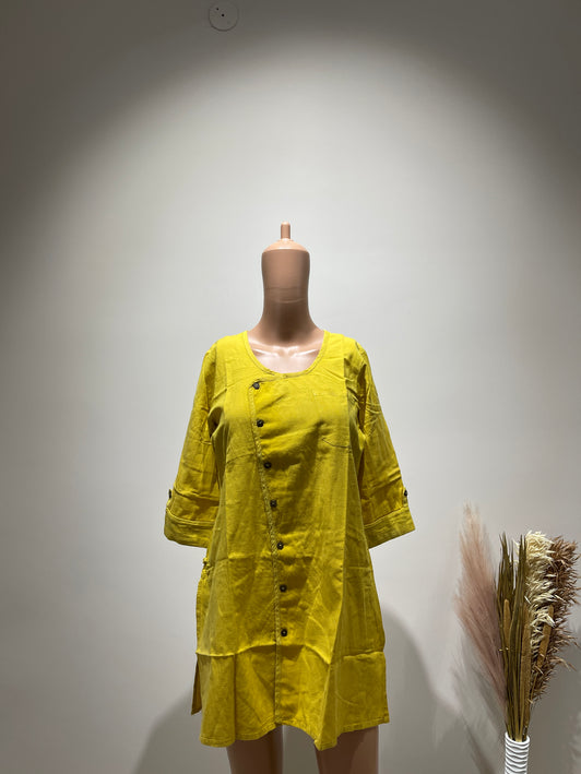 AVAASA Women's Casual  Button short Yellow kurta - M Size