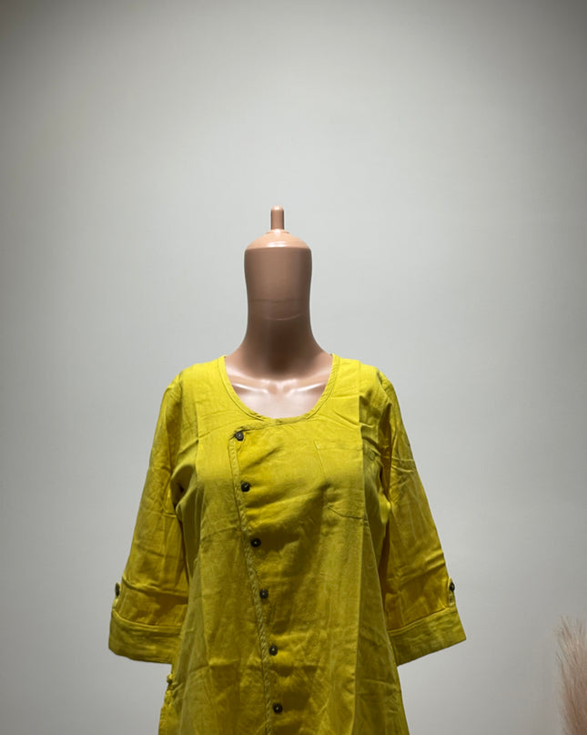 AVAASA Women's Casual  Button short Yellow kurta - M Size