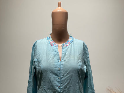 AJIO Women Blue Printed Cotton A-Line Kurta - S Size
