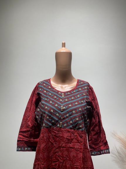 SIYAHI Women's Red Print Angrakha Kurta S Size