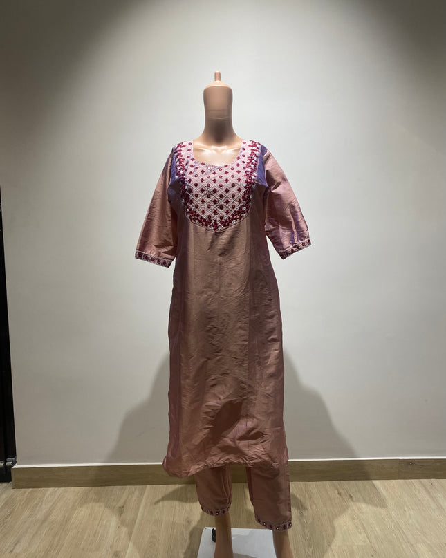 Women's Art Silk Embroidery Straight Rose Gold Kurta &  Pant - L Size