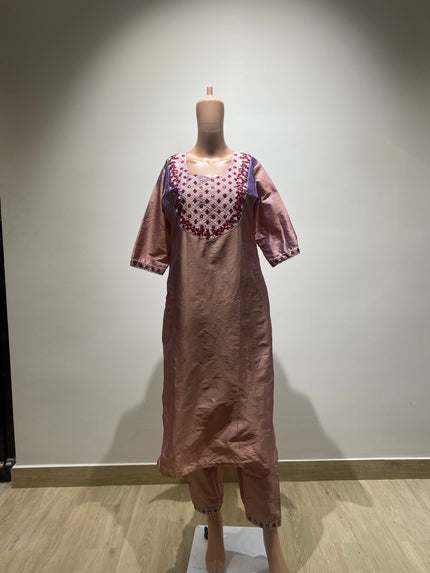 Women's Art Silk Embroidery Straight Rose Gold Kurta &  Pant - L Size