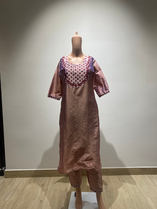 Women's Art Silk Embroidery Straight Rose Gold Kurta &  Pant - L Size