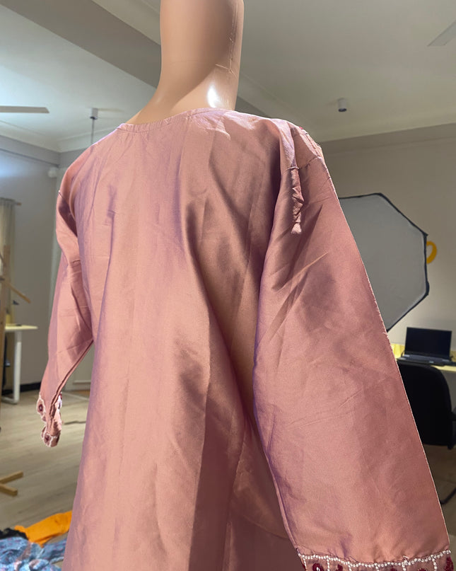 Women's Art Silk Embroidery Straight Rose Gold Kurta &  Pant - L Size