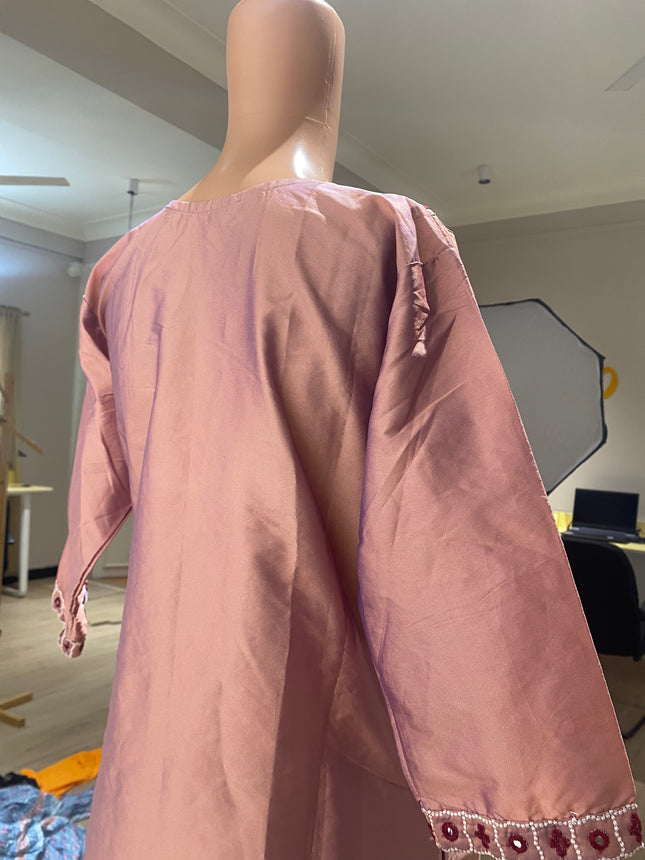 Women's Art Silk Embroidery Straight Rose Gold Kurta &  Pant - L Size