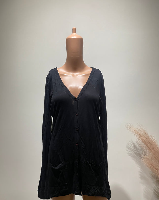 ALLEN SOLLY Women Woven V Neck Black Top M Size