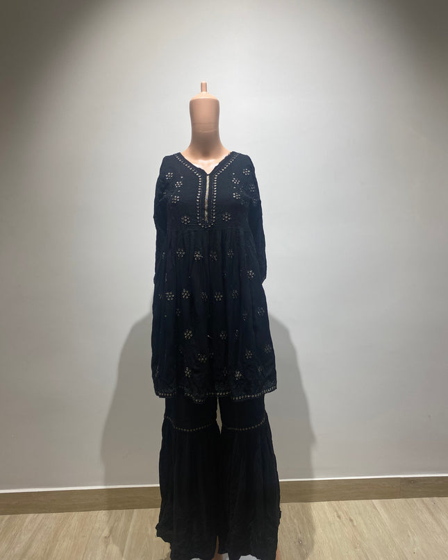 Women's Royon Kurti Black Sharara Set - M Size