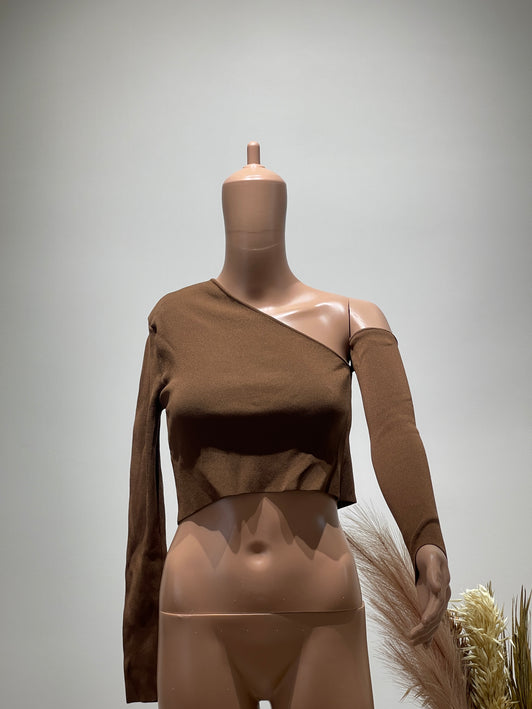 FOREVER 21 Womens Casual One Shoulder Sleeves Solid Brown Top S Size