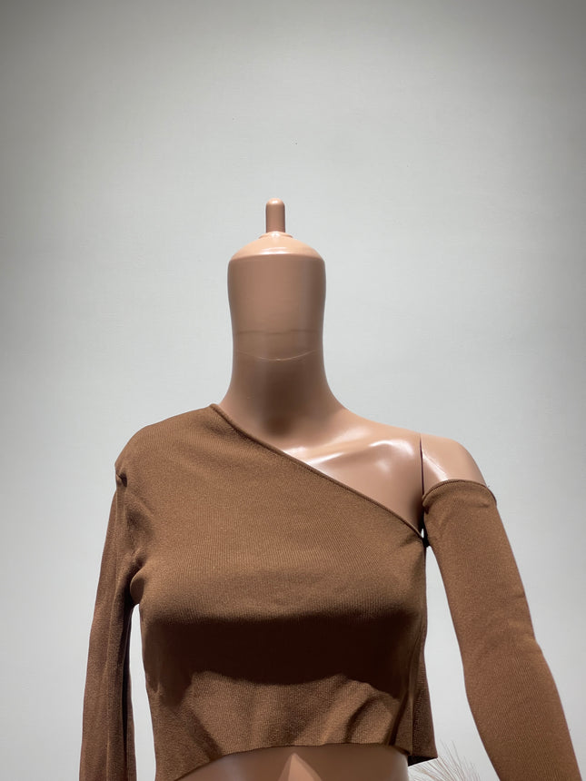 FOREVER 21 Womens Casual One Shoulder Sleeves Solid Brown Top S Size